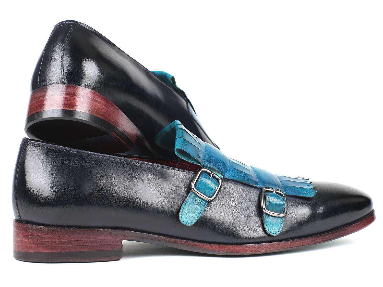 Paul Parkman Men's Blue & Navy Kiltie Double Monkstraps featuring hand-painted calfskin and turquoise leather sole.